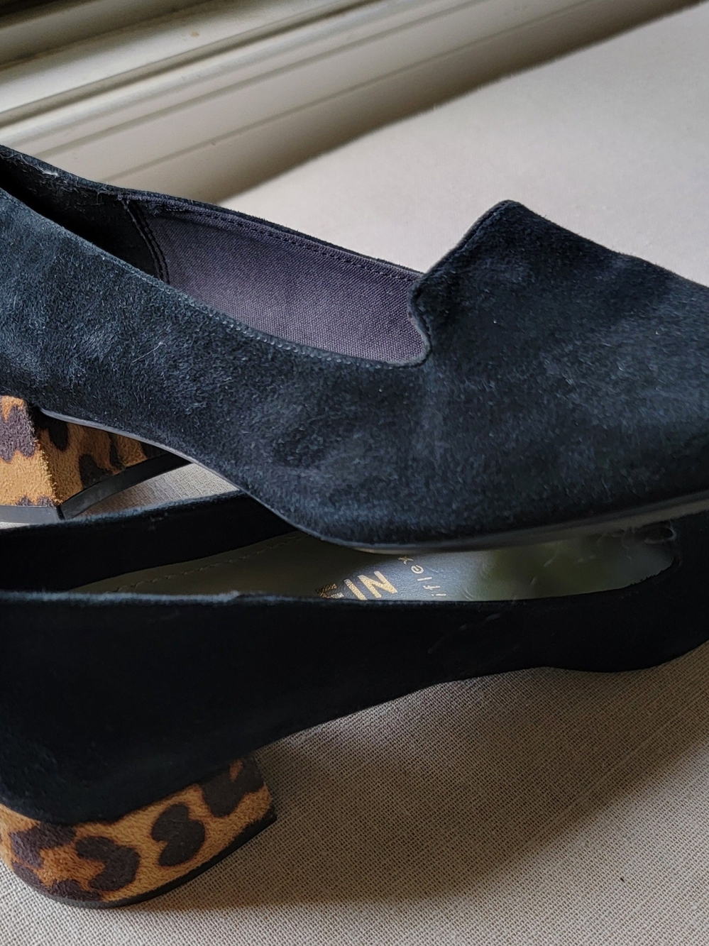 Anne Klein Black Suede Loafers with Leopard-Print Block Heel